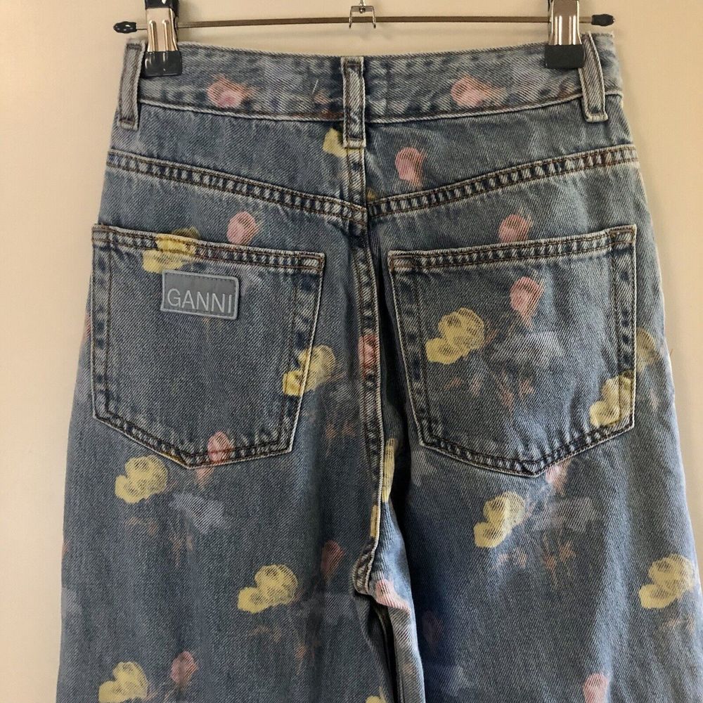 GANNI Floral Print Denim Core Magny Wide Straight Jeans Bleach Light Blue 25 - Picture 11 of 15